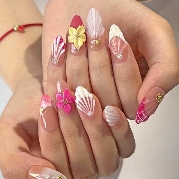 Press On Nails Medium Almond Nails, Handmade 3D Design Fake Nails with Thick Acrylic Multi-Layer Gel Nails, Reusable Durable DIY Artificial Nails for Women (10 Pieces)