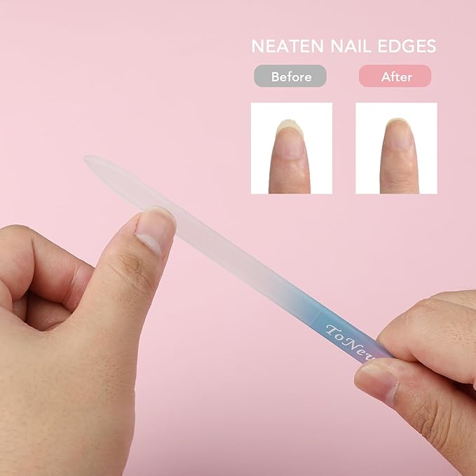 Glass Nail File in Case, Glass Fingernail File, Czech File, Double-Sided Etched Nail File for Nail Art & Nail Care, Christmas Gifts Stocking Stuffers (Pink-Blue)