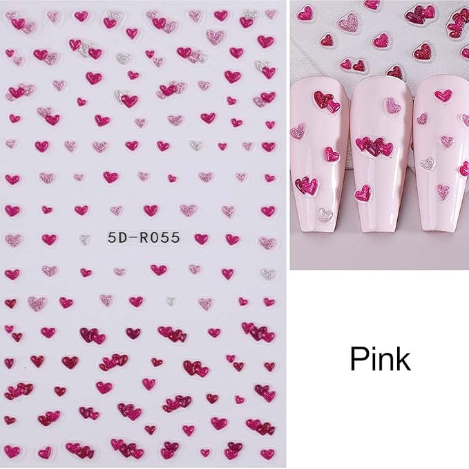 4 Sheets Valentines Nail Stickers - Embossed Heart Nail Art Decals - Self Adhesive Little Hearts Stickers for Nails,Vday DIY Manicure Decorations for Women