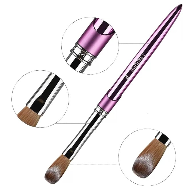 Acrylic Nail Brush Size 8#, 100% Pure Kolinsky Hair Acrylic Crystal Hot Purple with Silver Ferrule Round Shaped for Women Girls Manicure Tools Accessories