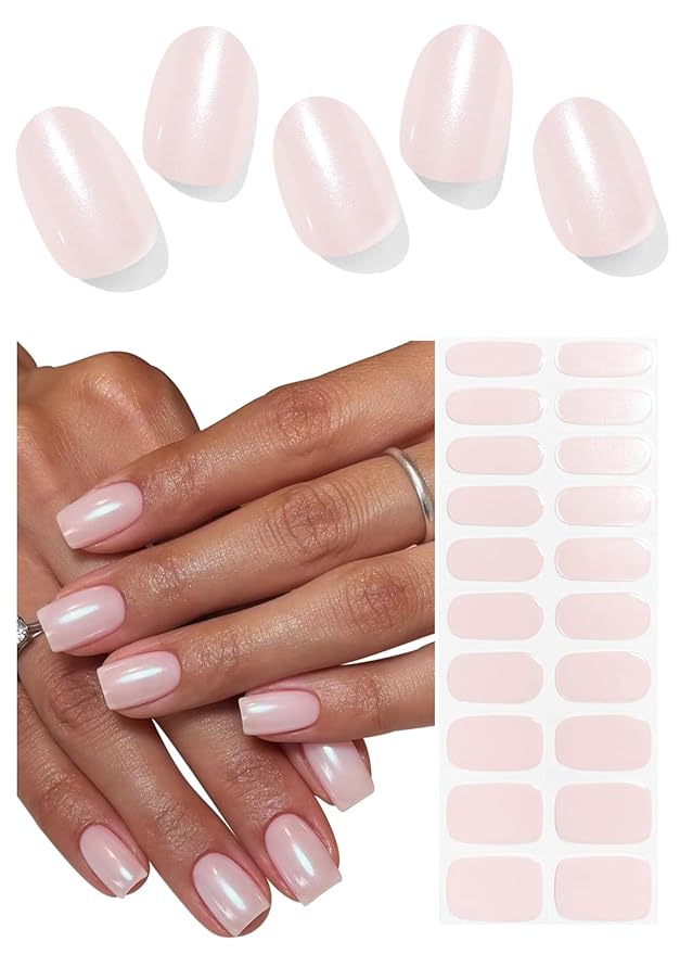 Semi Cured Gel Nail Strips, 20pcs Pink Pearl Shimmer UV Nail Stickers, Stick on Nail Wraps for Home Nails DIY
