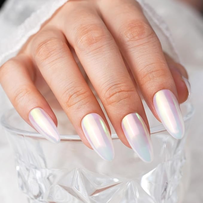 PrettyDiva Aurora Chrome Nail Powder - 2 Colors Pearl Chrome Nail Powder with Multi Color Shifting Metallic Powders Mirror Effect, Magic Moonlight Effect White iridescent Pigment powder for Nails