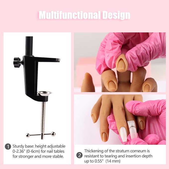 Nail Pratice Training Hand for Acrylic Nails with Stand Bracket,Soft Silicone Maniquin Hand, Flexible Bendable Nail Practice Fake Hand for Nails Art Practice Tool