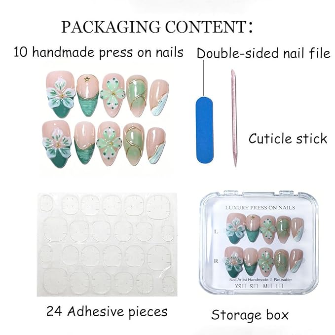 10 Medium Almond Handmade Press On Nails | Coquette Aesthetic Green Ombre Fake Nails with 3D Floral, Gold Line Art & Star Accents | Easy Apply & Remove, Reusable Salon Quality Nails (5U09, M)