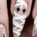 Long Stiletto Press on Nails - Halloween Fake Nails with Cute 3D Mummy Designs | Reusable Stick on Nail,Halloween Nail Art | 12Size - 24Pcs with Jelly Glue