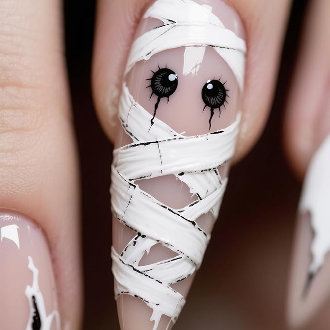Long Stiletto Press on Nails - Halloween Fake Nails with Cute 3D Mummy Designs | Reusable Stick on Nail,Halloween Nail Art | 12Size - 24Pcs with Jelly Glue