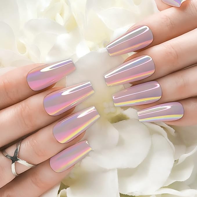 Hypnaughty 24 Pcs Mauve Chrome Coffin Medium Long Press On Nails and Glue Reflective Mirror False Nails (Mauve Chrome)