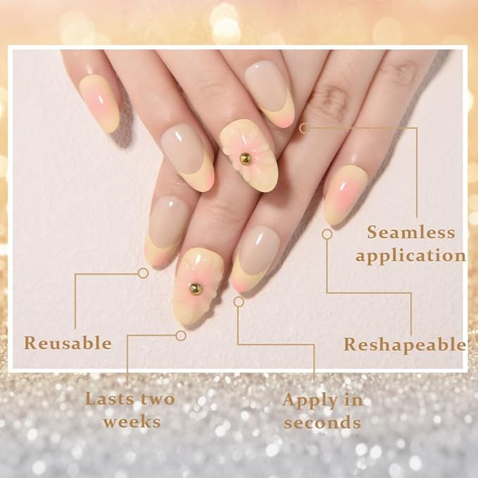 3D Ombre Yellow Press on Nails Short Almond, Peach to Yellow French Glossy Press Stick on Nails for Women Gift with Kit, Reusable Soft Gel Stick on Acrylic Fake Nail with Ombre Designs Perfectly Fit