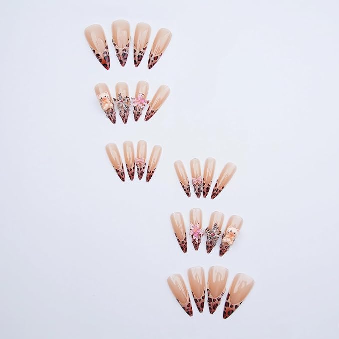 MISUD Press on Nails - Long Stiletto Fake Nails with Brown Leopard, Acrylic Bear Flower Design 24 pcs