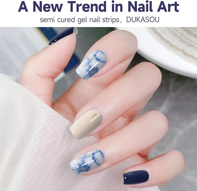 Semi Cured Gel Nail Strips,28 Pcs Gel Nail Stickers Wraps(Ocean Blue),Long Lasting Stickers Works with Any UV Light, Easy to Apply