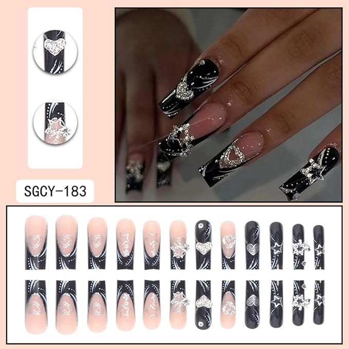 Black Press on Nails Long Square Fake Nails with Heart Star Charms Design French tips Glue on Nails Glossy Reusable False Nails for Women Girls Manicure 24pcs
