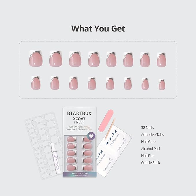 BTArtbox Press On Nails Short - Ice Veil, 3D Silver Lines White French Tip Square Press On Nails with Glue and Adhesive Tabs for Women in 16 Sizes - 32 Soft Gel Glue On Nails Kit
