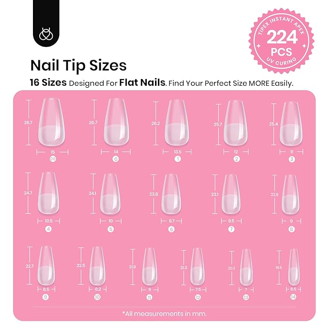 Beetles Tipex Gel Nail Kit with 224Pcs 16Sizes Medium Coffin Apex Nail Tips C Curved , Pre-building Acrylic Nails with Tipex Nail Glue，Mini Nail Lamp, Nail File for DIY Nails or Salon Use