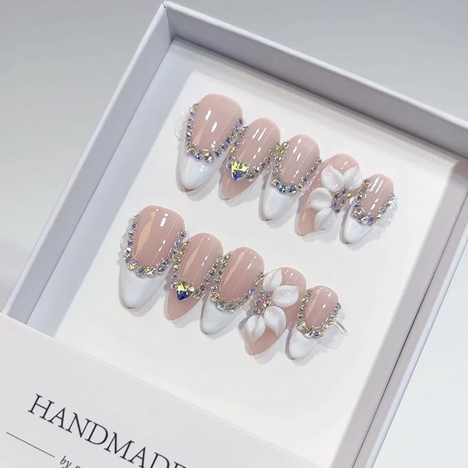 Handmade Press on Nails Almond Medium Shaped Fake Nails Luxury 3D Rhinestone Flower Hand Made Nails with Designs Muti-Layer Gel Thicked Acrylic Nails for Women (Size S)