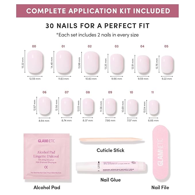 Glamnetic Press On Nails - Sweetie Set | Super Short Pink Fake Nails, Extra Short Salon Quality Milky Nails | 12 Sizes - 30 Nail Kit with Glue