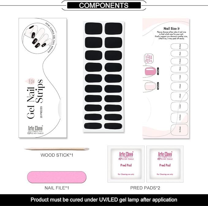 Arte Clavo Semi Cured Gel Nail Strips, 20 Pcs Gel Nail Stickers with UV Light Required, Salon Quality, Long Lasting, Easy Apply and Remove (Black)