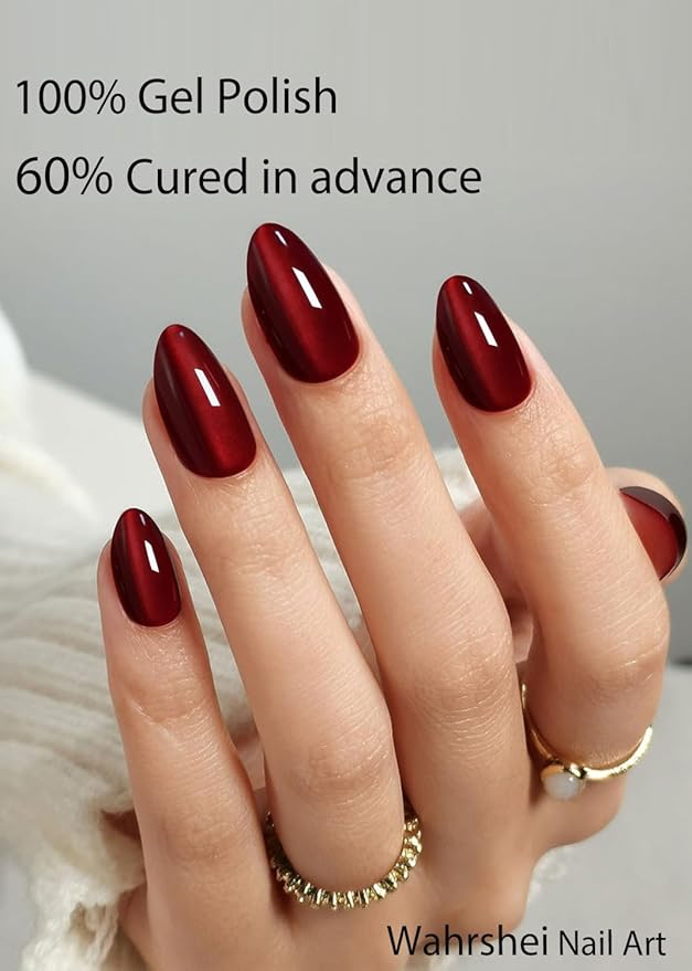 Semi Cured Gel Nail Strips, Burgundy Cat Eye 20pcs Adhesive UV Sticker, Wraps for Home Manicure DIY