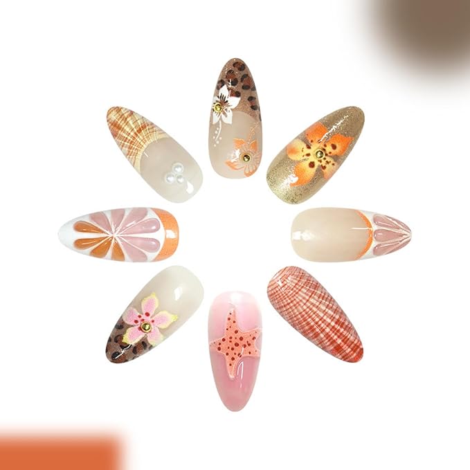 Medium Press on Nails Almond Fake Nails French Artificial Nail Flowers and 3D Embossed Stick on Nail for Women 24pcs