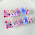 Thick Press on Nails Handmade Medium Duck Nails Pink Fake Nails 3D Flower Art False Nail with Gems Design Luxury Rhinestone Nature Reusable Acrylic Nail for Wome (Size M)