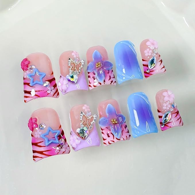 Thick Press on Nails Handmade Medium Duck Nails Pink Fake Nails 3D Flower Art False Nail with Gems Design Luxury Rhinestone Nature Reusable Acrylic Nail for Wome (Size M)