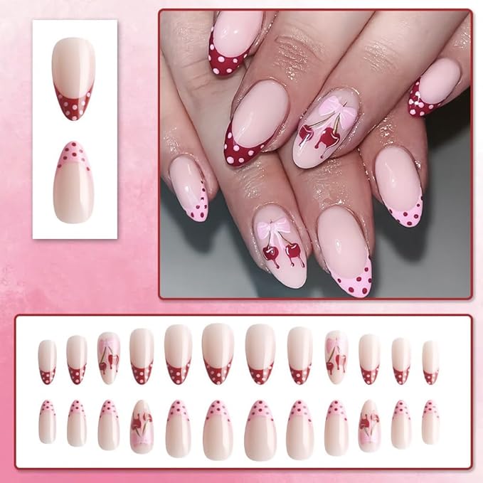 French Tip Press on Nails Almond - Medium Fake Nails with Cherry Polka Dot Design - Pink Red False Nails Press ons - for Women 24 Pcs
