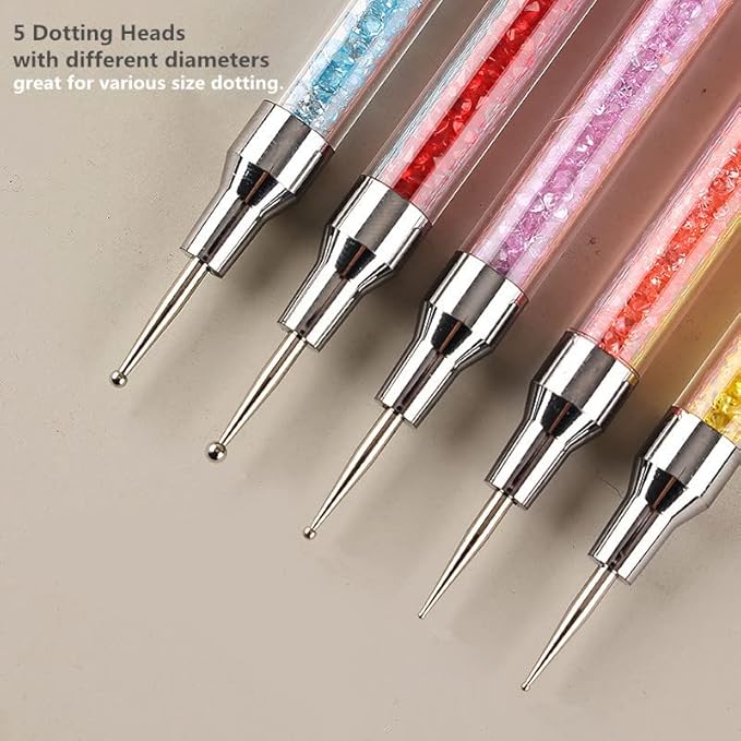 5PCS Dual-Ended Nail Art Sculpture Pen Dotting Tools, Silicone Nail Polish Brushes Stainless Steel Carving Drawing Dotting Tool, Acrylic Rhinestone Handle, Nail Art Tools