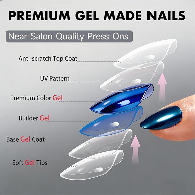 Chrome Press on Nails Short Almond, Metallic Royal Blue Fake Nails with a Sparkle Mirror Finish, Glitter Glue on Nails for Women Birthday Party, Thick Quality Soft Gel Nail Press ons 30 Pcs