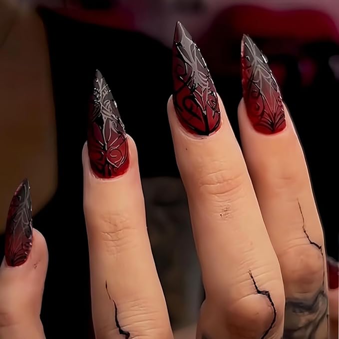 Gothic Press on Nails - Halloween Fake Nail | Dark Red Stiletto Acrylic Nails with 3D Stripe Designs,Reusable Stick on Nail for Women Girls| Halloween Manicure - 24Pcs