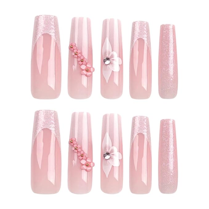 French Tip Press on Nails White Flower Gradient with Sparkling Rhinestones Long Square Glitter Fake Nails Full Cover Luxury Glue on Nails for Women 24PCS