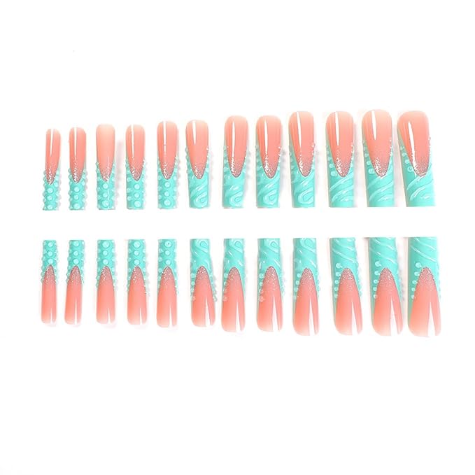 RTKHFZE Press on Nails Long Square Shape Fake Nails with 3D Polka Dots and French Tip Design False Nails,Nude Glue on Nails Gift for Holiday/Christmas Day/Daughter/Party/Valentine'S Day
