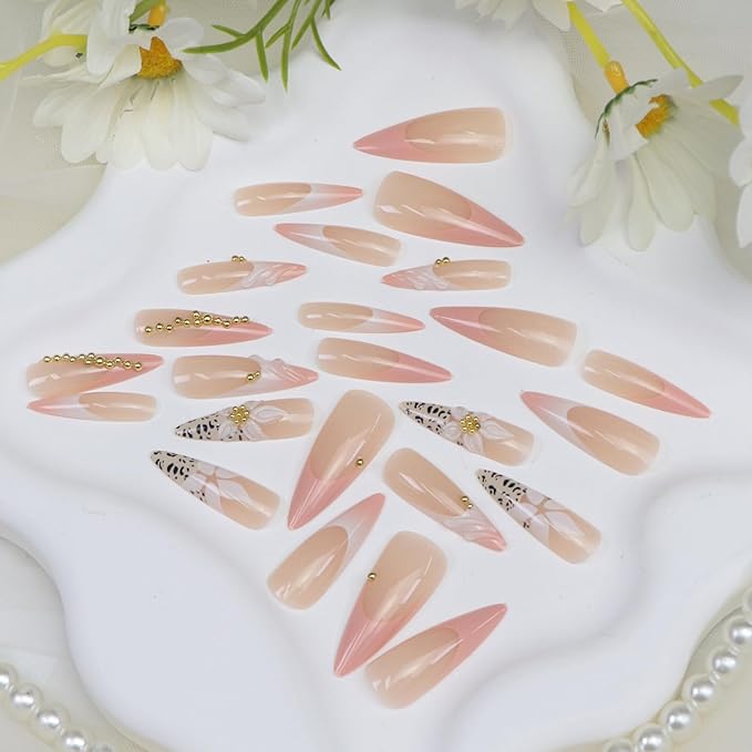Long Press on Nails Stiletto Leopard Print Pink White French Tip Fake Nails Press ons Flower Golden Steel Balls Designs Cute Glossy Almond Glue on Nail for Women 24 Pcs