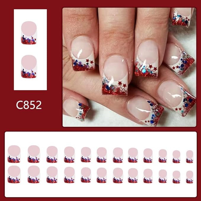 Independence Day Press on Nails Short Square Fake Nails with Star Designs Red White French Tip Stick on Nails Blue False Nail Glitter 4th of July Acrylic Nail for Women Girls Manicure 24Pcs