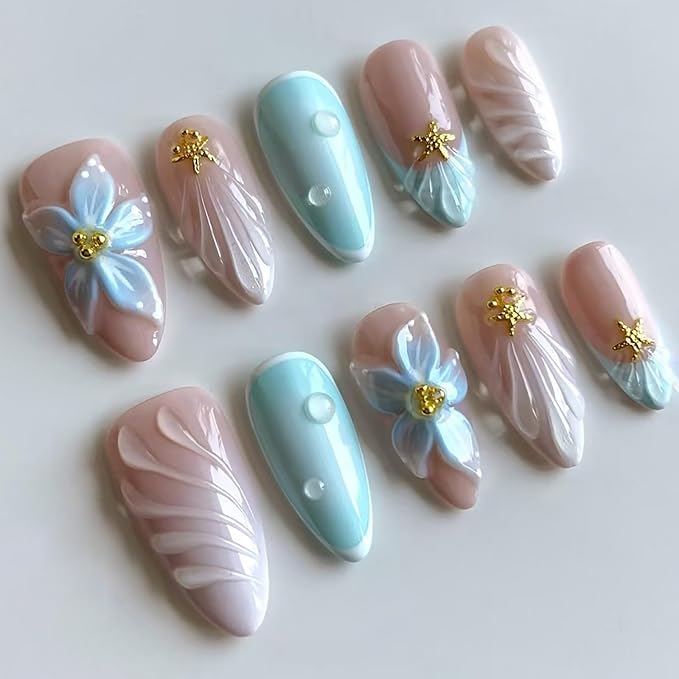 Luxury Press on Nails Short Almond Handmade 3D Unique Reusable ABS Material Fake Nails Summer French Tip False Nails with Designs Flower Shell Blue Glossy Glue on Nails Thick Acrylic Nails(S)