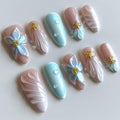 Luxury Press on Nails Short Almond Handmade 3D Unique Reusable ABS Material Fake Nails Summer French Tip False Nails with Designs Flower Shell Blue Glossy Glue on Nails Thick Acrylic Nails(S)
