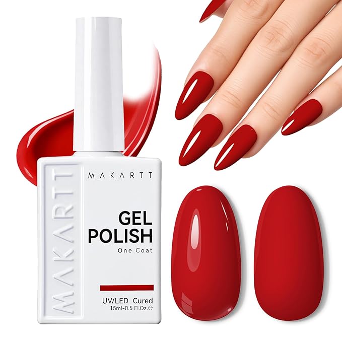 Makartt Ultra Pigmented One-Coat Red Gel Nail Polish 15ml One N'Done Gel Polish Soak Off High-Gloss Ceramic Shine, Salon-Grade UV Nail Art Manicure DIY Salon Home