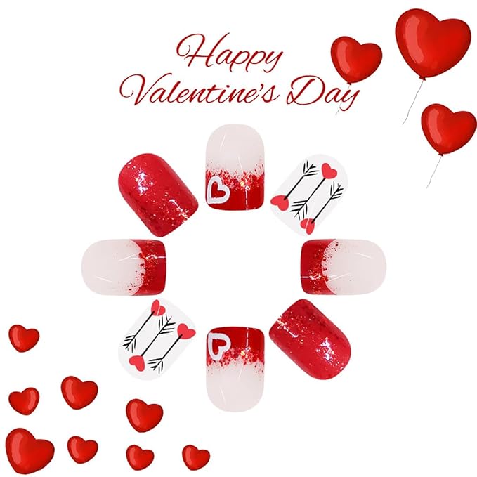 Valentines French Tip Press on Nails Short Square False Nails Red Heart Valentines Nails Design Glossy Glue on Nails Artificial Stick on Nails Full Cover Acrylic Nails for Girls Women 24Pcs