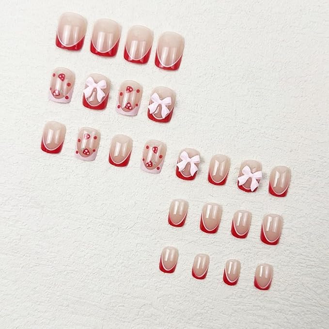 Press on Nails Short - Square Fake Nails with Strawberry Design - Red French Tip False Nails Press ons - for Women 24 Pcs