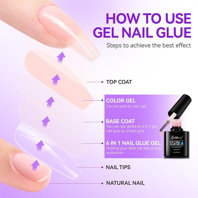 Gelike EC Peachy Jelly Nail Glue Gel - 6 in 1 Extra Strong Clear Acrylic Nails - Long Lasting Extension Adhesive UV Nude Pink Nail Glue for Clear Press On Nail Tips - UV Cure Required