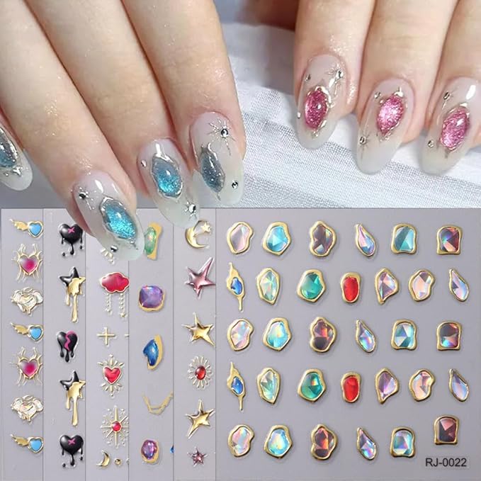 6Sheets 5D Embossed Stickers, Crystal Soft Glue Irregular Gems, Geometric Frame Art Stickers, Jelly Rhinestones Heart Star Decals, Moon Sun Cloud Nail Designs