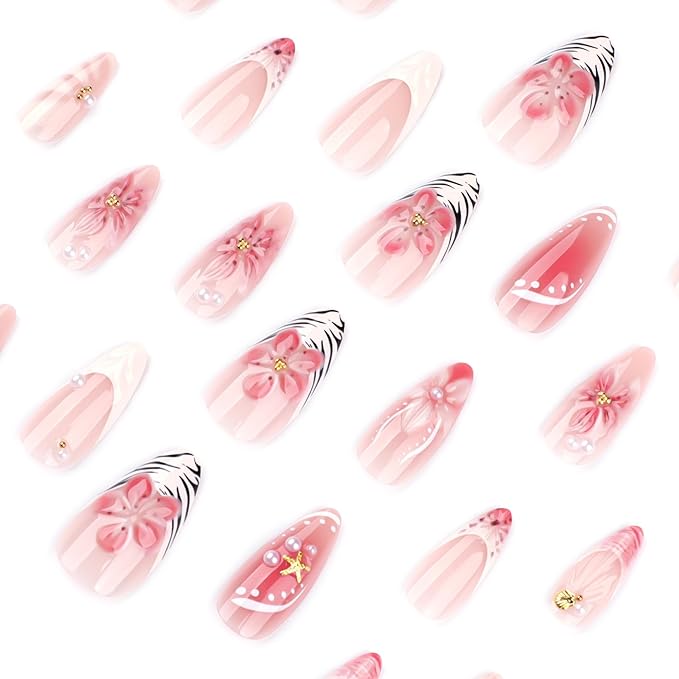 Almond Press on Nails Medium - French Tip Fake Nails with 3D Flower Rhinestone Design - Pearl False Nails Press Ons- for Women Manicure 24 Pcs
