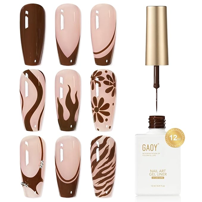 GAOY Brown Swirl Gel Nail Polish Art Liner, 12ml Dark Brown Color Nail Paint Design with Thin Brush, UV Light Cure for DIY French Manicure at Home