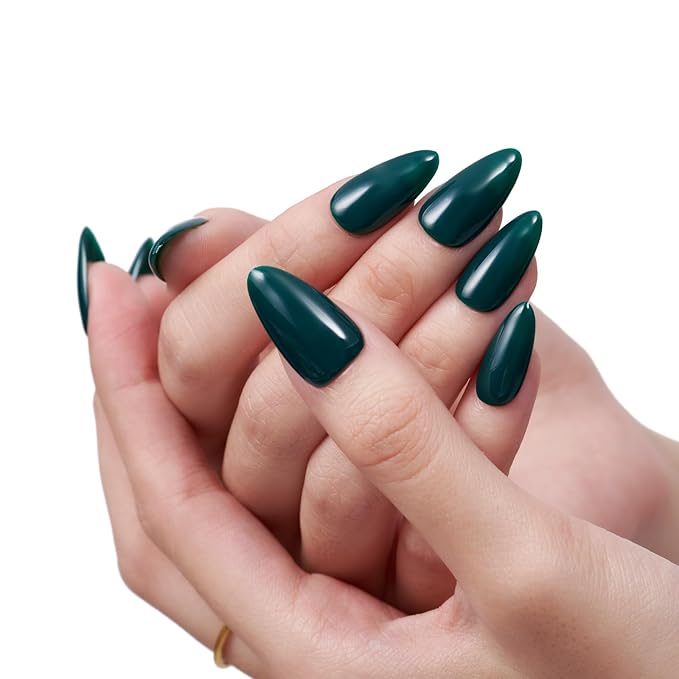 GLAMERMAID Dark Green Press on Nails Medium Almond, Holly Gel False Nail, Atrovirens Gloss Natural Stiletto Glue on Nails Kit for Women, Reusable Short Oval Stick on Acrylic Fake Nails Manicure Set