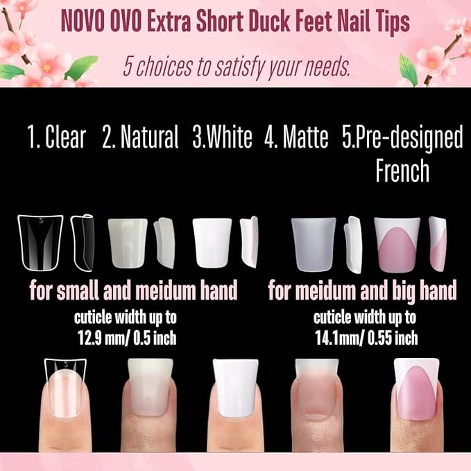 NOVO OVO Duck Feet Nail Tips for Small and Medium Hand, Extra Short Full Cover Press On Acrylic, Clear Full Coverage Thick Flare French Soft Gel Fake False Nail Extension x 12 Sizes 120 pcs