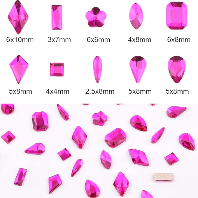 Mix 10 Shapes Assortment Flat Back Shine Hot Pink Nail Crystals Gems Diamonds for Nail Decoration Design Decoration Accessory