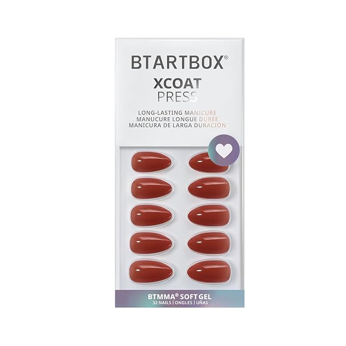 BTArtbox Press On Nails Short - Lamp-Curable Almond Press On Nails with Glue for Women, Semi-Transparent Soft Gel Glue On Nails in 16 Sizes - 32 Stick On Nails Kit, Spill Tea