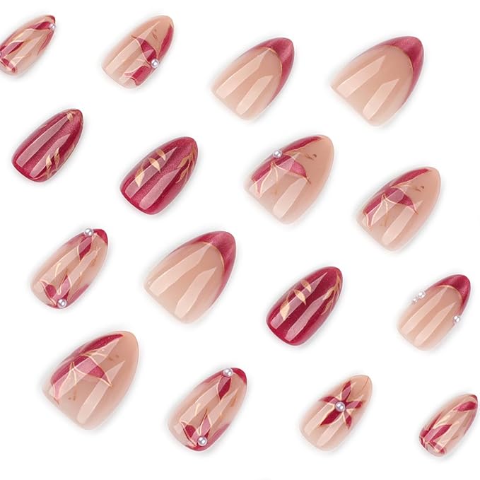 Short Almond Press on Nails, Red Cat Eye Press on Nails, Red Flower Fake Nails Press ons with Leaf & Pearl Designs, Glossy Nude Glue on Nails for Women, Glossy Finish | 12 Sizes - 24 Pcs