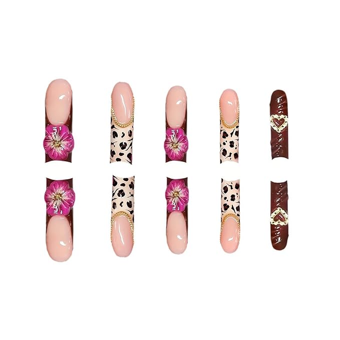 RTKHFZE Press on Nails Long Square Fake Nails Leopard French Tip Glue on False Nails Nails Press ons with 3D Flower Artificial Heart Metallic Acrylic Nail for Women 24Pcs Stick on Nail