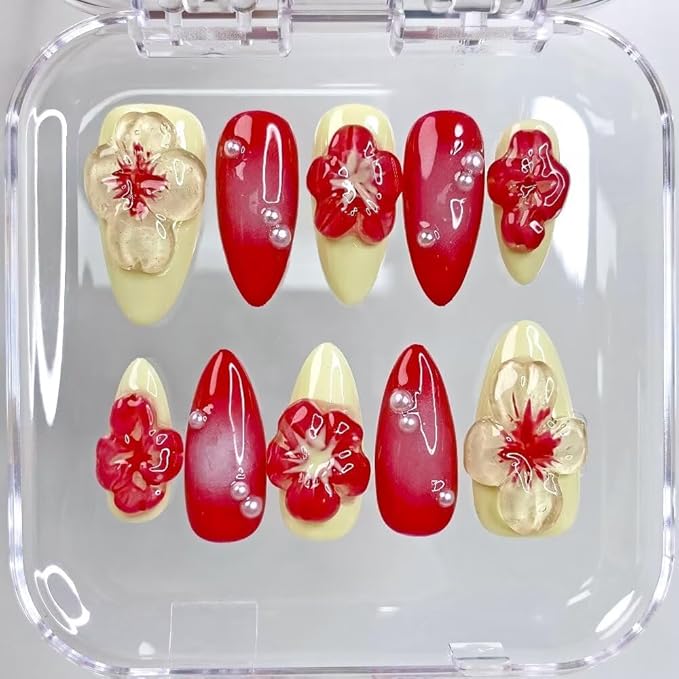 Medium Women Press On Nails - Medium Almond Handmade 10Pcs Unique Fake Nails, Artistic Design, Thick Acrylic and Muti-Layer Gel False Nails-M size