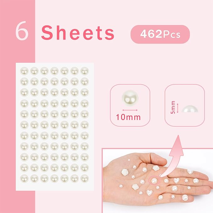462PCS Pearl Stickers Pearls for Crafting - Self Adhesive Pearls for Hair Face Makeup Eye Nail Crafts, Stick On Gems (6 Sheets, 10mm Round)