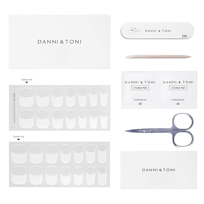 DANNI & TONI Semi Cured Gel Nail Strips Classic French (Lily Grace) Shiny French Tip Gel Nail Wraps UV Led Nails 28 Stickers